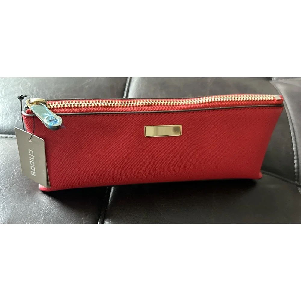 Chico's Red Cosmetic Pencil Case Black & White‎ Polka Dot Interior 8 x 3 x 2.5